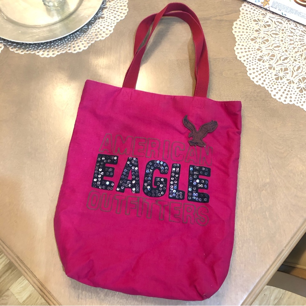 VINTAGE Y2K American Eagle Sequin Magenta Navy Canvas Purse Book Tote Hand Bag